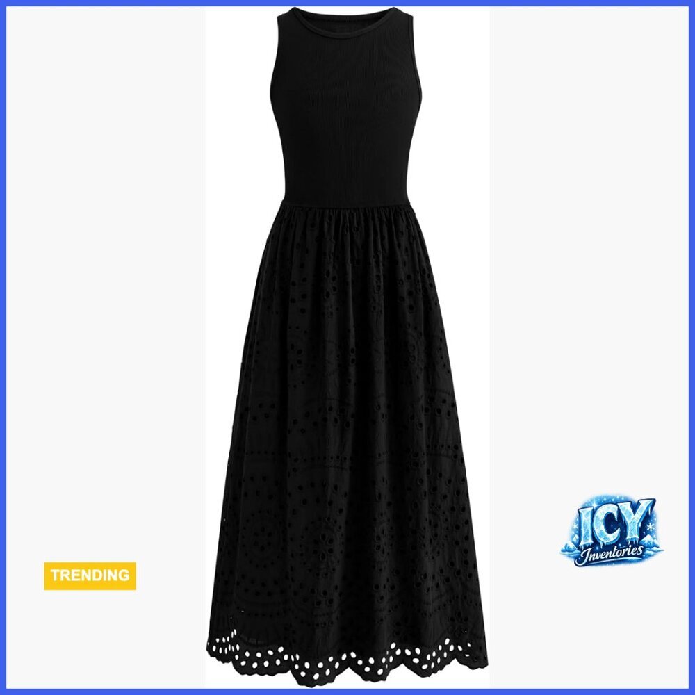 Sleeveless Crewneck A-Line Boho Lace Eyelet Cotton Maxi Dress with Pockets